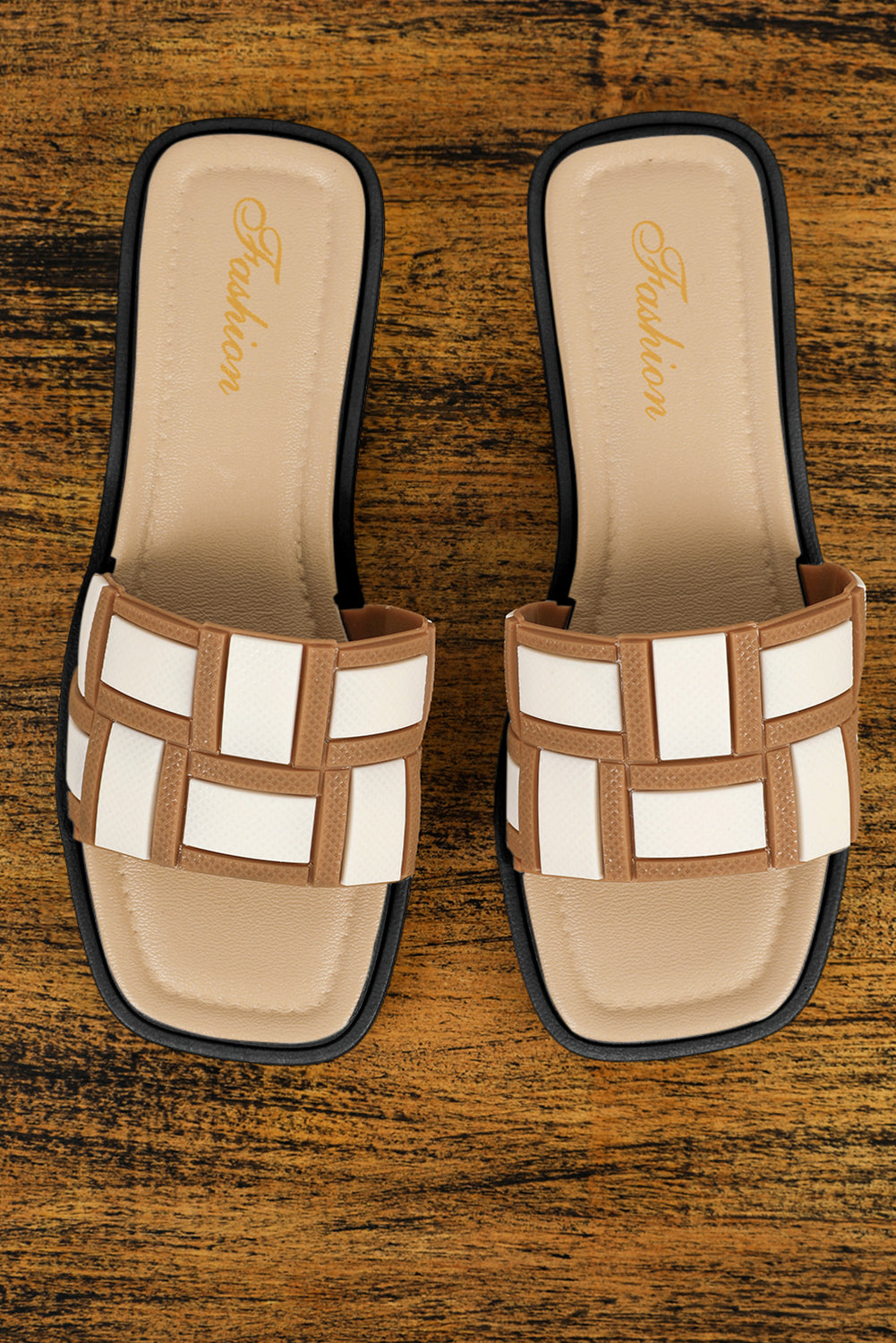 Beige Leather Square Toe Slippers