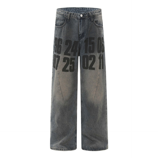 High Street American Washed Distressed Letters Printed Jeans für Männer und Frauen