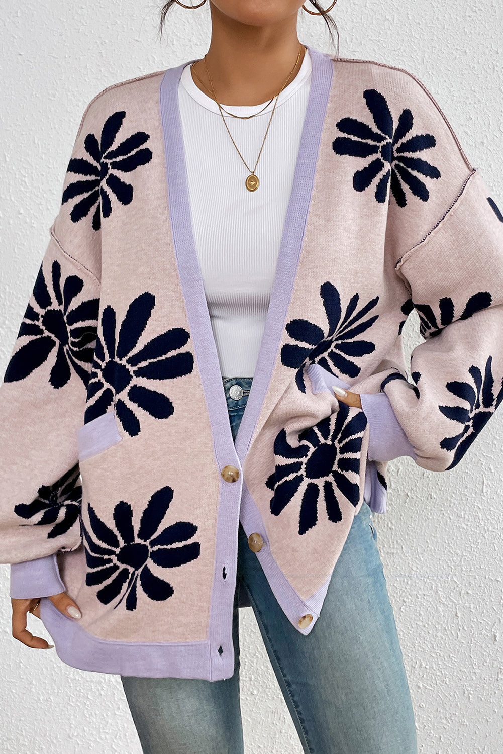 Pink Floral Side Pockets Knit Cardigan